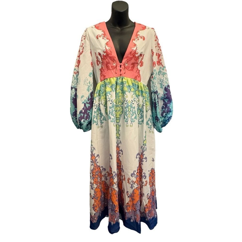Beulah Multicolor Paisley Balloon Sleeve Midi Maxi Dress Size Large NWT